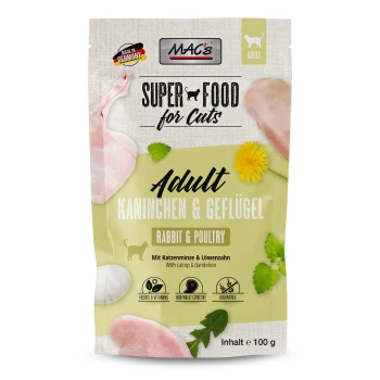 Nassfutter Katze Adult Kaninchen und Geflügel 12x100 g Verpackung von MAC's Super Food für Katzen mit "Adult Rabbit & Poultry" und Bildern von Fleisch, Kräutern sowie Text in Deutsch und Englisch.