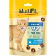 Orange tabby cat licking its lips next to a package of MultiFit Tuna Rings snacks, labeled "Snack & Play" with 50g weight.
