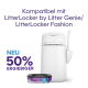 Weiße LitterLocker-Einheit mit einem lila 'LitterLocker genie'-Behälter, beschriftet mit 'NEU 50% ERGIEBIGER' und Kompatibilitätsdetails.