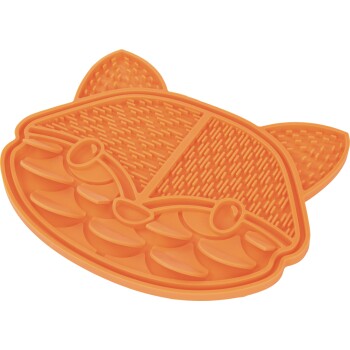 Orange silicone cat-shaped lick mat with textured nubs and multiple grooved feeding sections