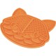 Orange silicone cat-shaped lick mat with textured nubs and multiple grooved feeding sections