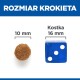 Obraz porównujący rozmiar krokieta dla zwierząt (10 mm) obok niebieskiej kostki (16 mm), z tekstem "ROZMIAR KROKIETA" i "Kostka".