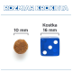 Obraz porównujący rozmiar krokieta dla zwierząt (10 mm) obok niebieskiej kostki (16 mm), z tekstem "ROZMIAR KROKIETA" i "Kostka".