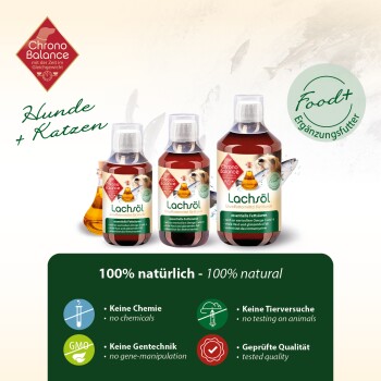 Flaschen von Chrono Balance Lachsöl für Haustiere, beschriftet mit "Lachöl", das natürliche Zutaten und "100% natürlich - 100% natural" zeigt.