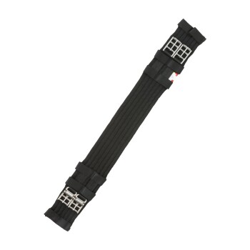 Schwarzer Haustiergeschirrriemen mit Metallschnallen, ausgestattet mit einem gerippten Design für Komfort und Haltbarkeit.