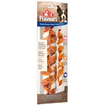 8in1 Flavours Triple Flavour Mega Twisted Sticks Hundesnacks mit Schweinehaut, Hähnchenbrust und Rinderhaut für Hunde über 25 kg.