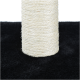 A close-up of a white sisal scratching post on a black carpet surface, ideal for cats to scratch and play.