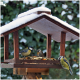 Drei kleine Meisen fressen Samen in einem hölzernen, leicht schneebedeckten Futterhaus.