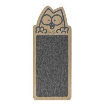 Holz-Katzenkratzbrett mit einem Cartoon-Katzen-Design oben, das eine graue Kratzfläche bietet.
