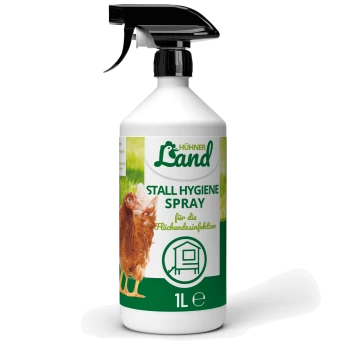 1L Hühner Land Stall Hygiene Sprayflasche mit einer braunen Hühnergrafik und deutschem Text "für die Flächendesinfektion" auf einem grün-weißen Hintergrund.