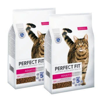 Deux sacs de nourriture pour chats Perfect Fit, étiquetés "ADULT 1+" et "Supports Whole Body Health," présentant un chat tigré à l'avant.