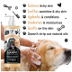 Bugalugs Haferflocken-Shampoo für Haustiere, mit einem Cartoon-Hund, während eine Person einen Golden Retriever wäscht, wobei die beruhigenden Vorteile hervorgehoben werden.