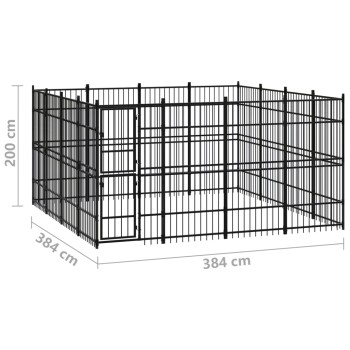 Schwarzer Outdoor-Haustierzaun mit den Maßen 384 cm x 384 cm x 200 cm, ausgestattet mit vertikalen Stangen und einem sicheren Tor.