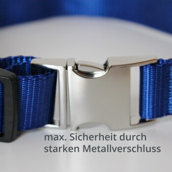Nahaufnahme eines blauen Haustierhalsbands mit einer starken Metall-Schnalle, mit dem Text "max. Sicherheit durch starken Metallverschluss."