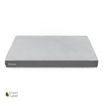 Graues Haustierbett mit schlankem Design, mit einem dunkelgrauen Rand und dem Logo "Doctor Bark" an der Seite. Grünes Label-Emblem sichtbar.