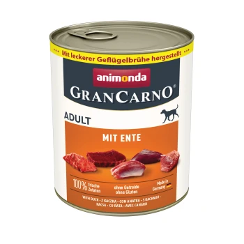 Nourriture pour chiens en conserve 'GranCarno Adult mit Ente' avec des morceaux de viande, 100% frais, sans gluten, fabriqué en Allemagne.