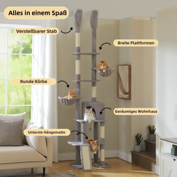 Kratzbaum mit verstellbarer Stange, breiten Plattformen, runden Körben, geräumigem Versteck und unterem Hängemattenbett, mit drei Katzen.
