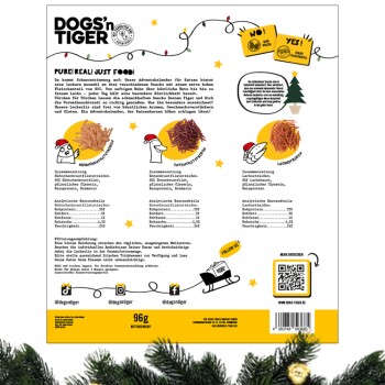 Adventskalender für Katzen von Dogs'n Tiger, mit verschiedenen Fleischsnacks. Enthält Zutatenlisten und Nährwertanalysen. 96g.