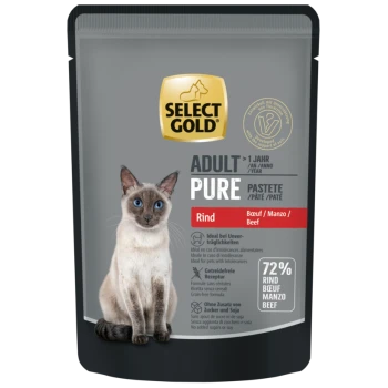 Pochette de nourriture pour chat Select Gold Adult Pure avec image d'un chat siamois, saveur bœuf, sans céréales, sans sucre ajouté ni soja, 72% de bœuf.