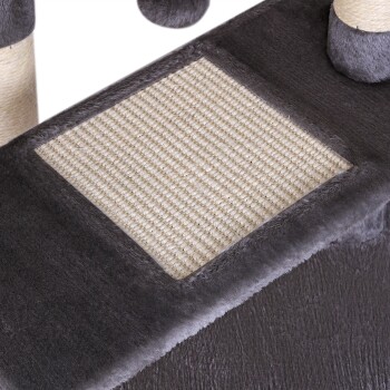 Graue Katzenbaum-Plattform mit einer strukturierten Kratzfläche und plüschigen Kanten, ideal für das Spielen und Ausruhen von Katzen.