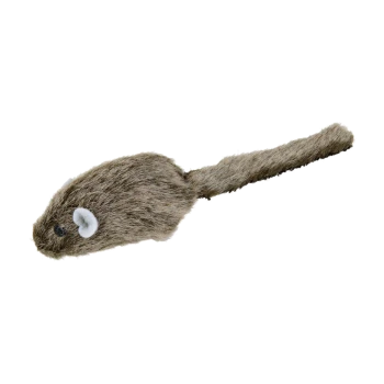 Een pluche speelgoedmuis met een harige bruine romp en een lange staart, ontworpen voor huisdierplezier.