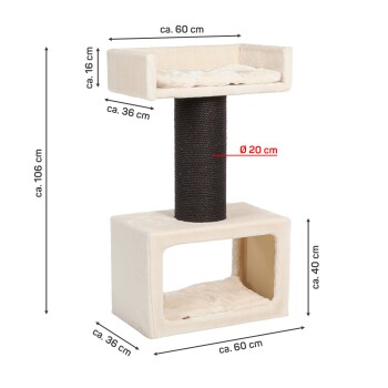 Katzenbaum mit einem plüschigen oberen Platz, Kratzbaum und einer gemütlichen würfelförmigen Basis, Maße: 106 cm Höhe, 60 cm Breite, 36 cm Tiefe.