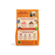 Rückseite eines orangefarbenen Hundefutterbeutels mit zwei Hunden, Überschrift 'WENN HUNDE KOCHEN KÖNNTEN', Illustrationen, Nährstoffsymbole und Text.