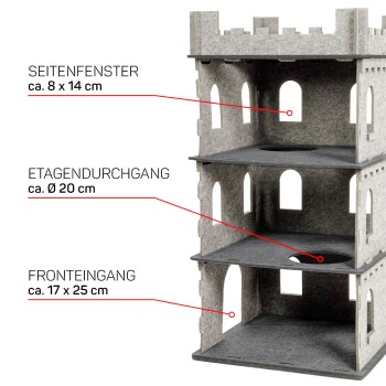Grauer Filz-Katzenbaum mit mehreren Ebenen und drei Plattformen: "SEITENFENSTER," "ETAGENDURCHGANG," und "FRONTEINGANG."