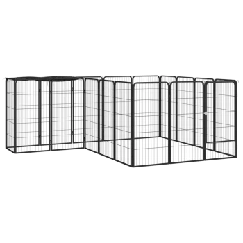 Schwarzes Metall-Hundespielgehege mit mehreren Paneelen, mit einer Tür für einfachen Zugang, geeignet für Hunde oder kleine Tiere.