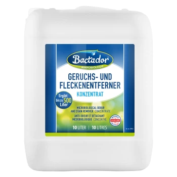 Weißer 10 L Kanister mit Aufschrift 'Bactador Geruchs- und Fleckenentferner Konzentrat', 'Ergibt bis zu 500 Liter'.