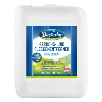 Weißer 10 L Kanister mit Aufschrift 'Bactador Geruchs- und Fleckenentferner Konzentrat', 'Ergibt bis zu 500 Liter'.