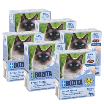 Vijf blauwe dozen Bozita Fresh Menu kattenvoer, met een kattenfoto en labels die "89% dierlijke oorsprong" en "Free Roaming Reindeer" aangeven.