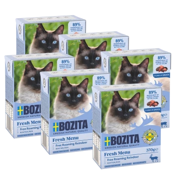 Pięć niebieskich pudełek karmy dla kotów Bozita Fresh Menu, z zdjęciem kota i etykietami mówiącymi "89% pochodzenia zwierzęcego" oraz "Free Roaming Reindeer."