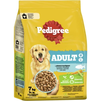 Pedigree Adult Hundefutter, 7 kg Beutel, mit Trockenfutter in einer Schüssel, mit Text, der natürliche Zutaten, Präbiotika und Superfoods hervorhebt.