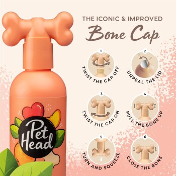 Eine pinke "Pet Head"-Flasche mit einem knochenförmigen Deckel und Gebrauchsanweisungen zum Öffnen und Schließen.