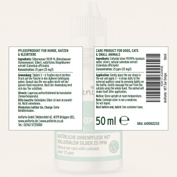 Natürliche Ohrpflege für Hunde, Katzen und kleine Tiere, mit kolloidalem Silber und Ringelblumenextrakt. 50ml Flasche.