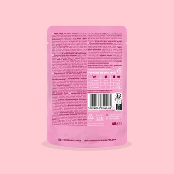 Dos d'un sachet d'aliment pour animaux rose avec code-barres, tableau d'alimentation intitulé PORTIONS RECOMMANDÉES, 85 g et texte @EDGARDCOOPER.