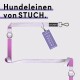 Hundeleine von STUCH, in lila und weiß, mit einem Anhänger, der 'Vegan' und 'PETA Approved' zeigt.