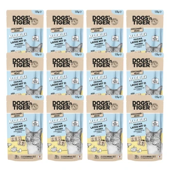 Raster von "DOGS'n TIGER" Haustierfutterbeuteln mit dem Gesicht einer Katze, das "ALLERLEI! FRISCHER LACHS MIT EI & KURBIS" und Nährwertinformationen zeigt.