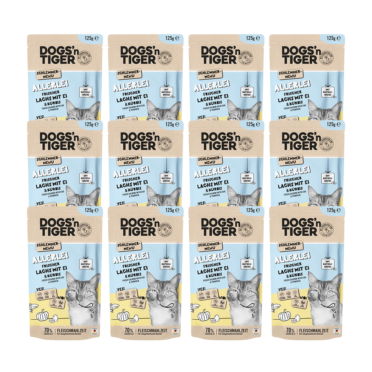 Dogs'n Tiger Adult Nassfutter Katze, Allerlei, Lachs, Ei & Kürbis, 12x 125g