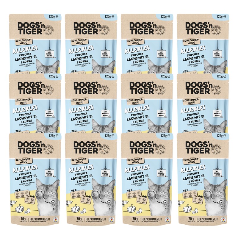 Dogs'n Tiger Adult Nassfutter Katze, Allerlei, Lachs, Ei & Kürbis, 12x 125g