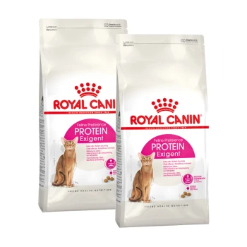 Deux sacs de nourriture pour chats Royal Canin Feline Preference Protein Exigent, avec une illustration de chat et un texte mettant en avant la préférence en protéines.