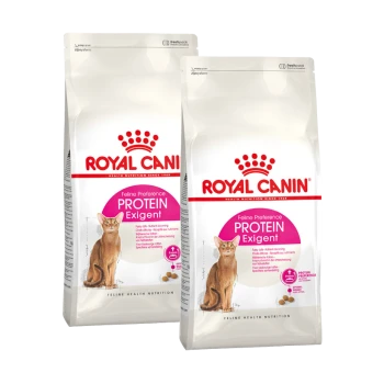Zwei Tüten Royal Canin Feline Preference Protein Exigent Katzenfutter, mit einer Katzenillustration und Text, der die Proteinpräferenz hervorhebt.
