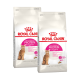 Dwie torby karmy dla kotów Royal Canin Feline Preference Protein Exigent, z ilustracją kota i tekstem podkreślającym preferencje białkowe.