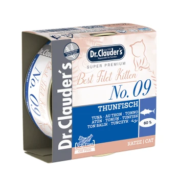 Dr. Clauder's Best Filet Kitten Katzenfutterdose, die Thunfisch mit 60 % Fischgehalt enthält, beschriftet in mehreren Sprachen.