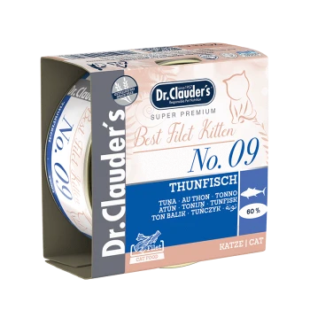 Dr. Clauder's Best Filet Kitten Katzenfutterdose, die Thunfisch mit 60 % Fischgehalt enthält, beschriftet in mehreren Sprachen.
