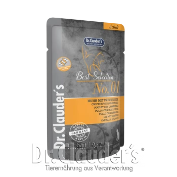 Verpackung von Dr. Clauder's Best Selection No. 01 Katzenfutter, das Huhn mit Preiselbeeren enthält, hergestellt in Deutschland, mit mehrsprachigem Text.