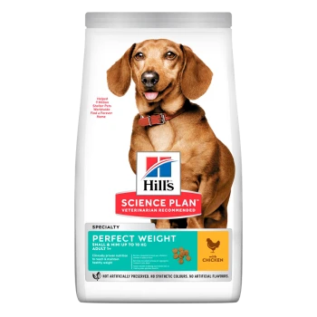 Hill's Science Plan Perfect Weight Hundefutterbeutel mit einem braunen Hund auf der Vorderseite, beschriftet für kleine und Mini-Rassen.