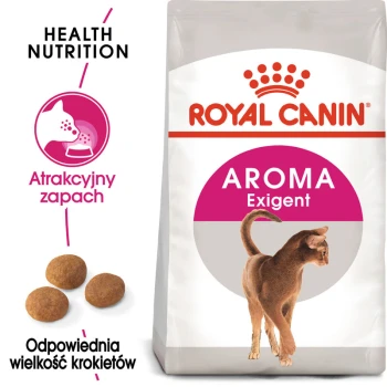 Torba karmy dla kotów Royal Canin Aroma Exigent z sylwetką kota i tekstem: "Health Nutrition", "Atrakcyjny zapach", "Odpowiednia wielkość."