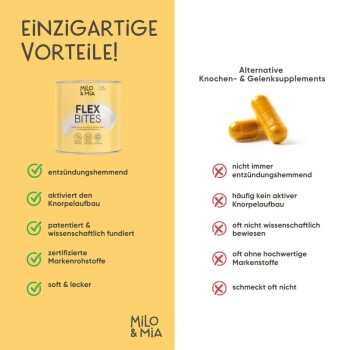 Ein Tierarzt hält einen kleinen Hund, während er "Daily Bites" von Milo & Mia bewirbt und die Vorteile für Knochen und Gelenke betont.